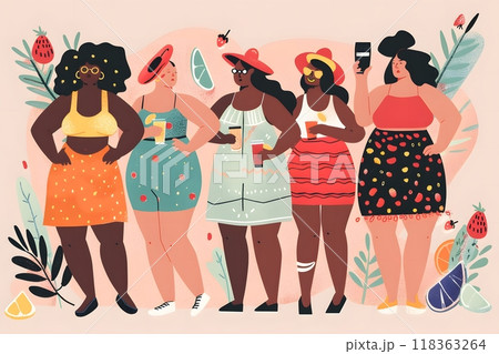People with different body types confidently enjoy life, an interracial group of people. postcard 118363264