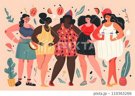 People with different body types confidently enjoy life, an interracial group of people 118363266
