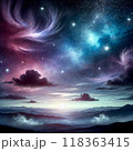 幻想的な夜空と流れる雲と月の背景イラスト 118363415