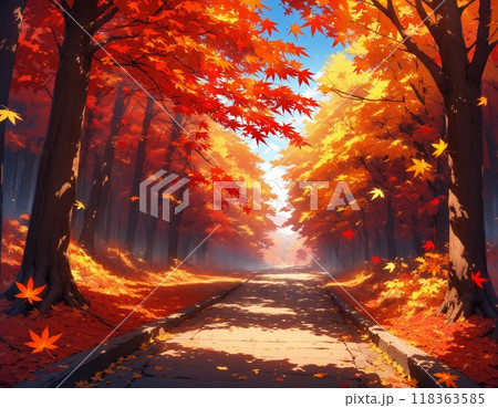 紅葉した街路樹に包まれた道 118363585