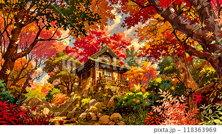 紅葉の森の中、見上げ 118363969