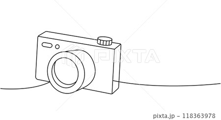 Photo camera one line continuous drawing. Professional photo equipment. Vector linear illustration. 118363978
