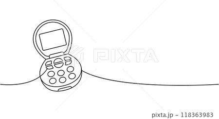 Small flip phone one line continuous drawing. Old communication gadgets. Vector linear illustration. Small flip phone one line continuous drawing. Old communication gadgets. Vector linear illustration. 118363983