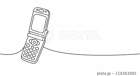Flip mobile one line continuous drawing. Old communication gadgets. Vector linear illustration. Flip mobile one line continuous drawing. Old communication gadgets. Vector linear illustration. 118363985