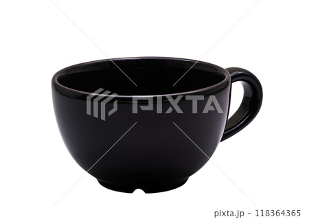 Side view of empty single black ceramic coffee cup. 118364365