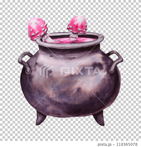 Black cast iron cauldron with pink potion and poisonous mushrooms, fly agaric. Esoteric attribute of a witch, sorcerer. Clipart for Halloween, Sabbath, theme party. Watercolor hand-drawn illustration 118365078