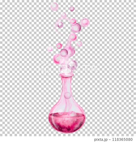Glass transparent flask, bottle with pink liquid, test tube with love potion, magic elixir. Attributes for Halloween, Sabbath, Valentine's Day. Accessory of a witch, sorceress, fortune teller, chemist 118365080