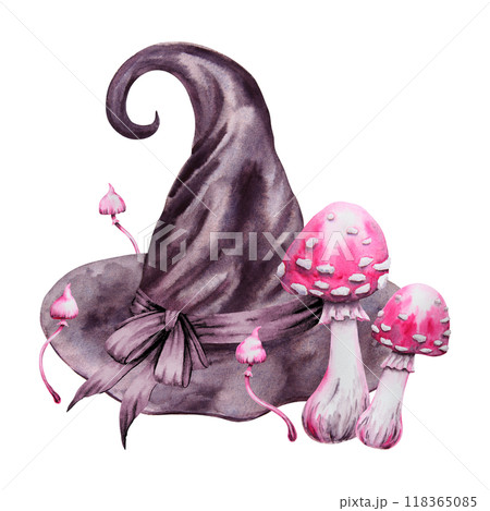 Black witch hat, pink fly agaric, poisonous mushrooms,. Gothic vintage attribute of mysticism, magic, astrology for Halloween, Sabbath, carnival, theme party. Watercolor hand drawn cut out clipart Black witch hat, pink fly agaric, poisonous mushrooms,. Gothic vintage attribute of mysticism, magic, astrology for Halloween, Sabbath, carnival, theme party. Watercolor hand drawn cut out clipart 118365085