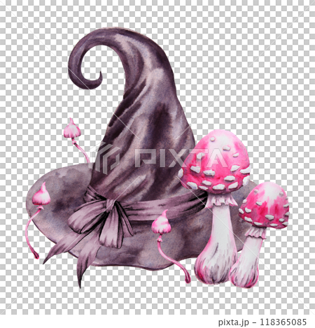 Black witch hat, pink fly agaric, poisonous mushrooms,. Gothic vintage attribute of mysticism, magic, astrology for Halloween, Sabbath, carnival, theme party. Watercolor hand drawn cut out clipart Black witch hat, pink fly agaric, poisonous mushrooms,. Gothic vintage attribute of mysticism, magic, astrology for Halloween, Sabbath, carnival, theme party. Watercolor hand drawn cut out clipart 118365085