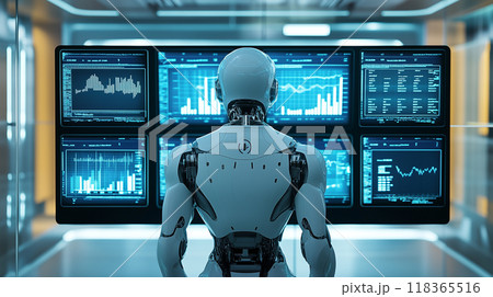 humanoid robot is looking on business-related display in neon blue lighting room 118365516