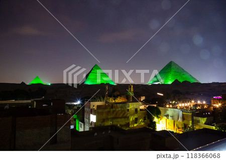 Great Pyramid complex enlighted at night, Giza, Egypt Great Pyramid complex enlighted at night, Giza, Egypt 118366068