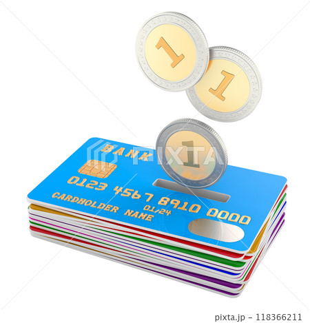 Money received, cash back or savings, concept. Credit card with coins. 3D rendering Money received, cash back or savings, concept. Credit card with coins. 3D rendering 118366211
