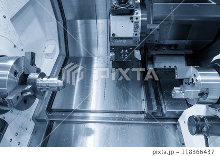 The double turret CNC lathe machine in the light blue scene. The double turret CNC lathe machine in the light blue scene. 118366437