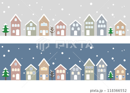 雪が降り積もる冬のパステルカラーの住宅が建ち並ぶ可愛い街並みのラインイラスト 118366552