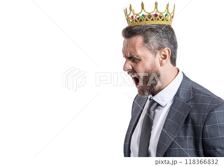 Angry businessman in suit and crown shouting in office at someone isolated on white, copy space Angry businessman in suit and crown shouting in office at someone isolated on white, copy space 118366832