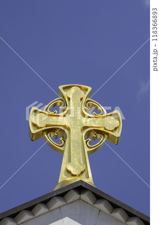 Montenegro, Podgorica, Golden cross on the Cathedral of the Resurrection of Christ. 118366893