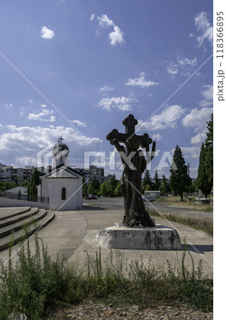 Montenegro, Podgorica, Monument to Nikola Tesla outside the Cathedral of the Resurrection of Christ. 118366895