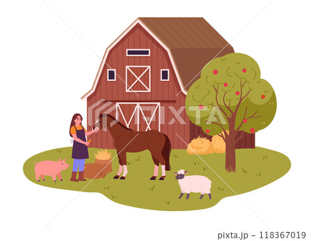Country worker with farm animals. Woman feed horse, piglet and cute ship, female character take care of domestic animals flat vector illustration. Farmer doing farming job 118367019