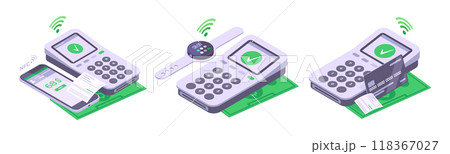 Isometric electronic payment. Smartphone, smartwatch and credit card payment, payment terminal online contactless payment 3d vector illustration set. Mobile banking transactions 118367027