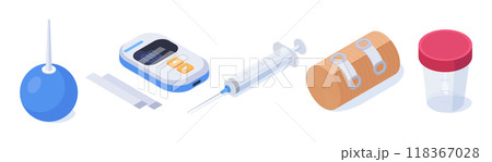 Isometric health care supplies. Pharmacy medicines, syringe, bandage, sample cup and glucometer 3d vector illustration set. Medical tools on white 118367028