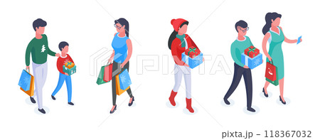 Isometric people carrying gifts. Christmas characters with gift boxes and bags, winter holidays preparation 3d vector illustration. Christmas characters on white 118367032