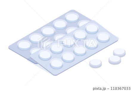Isometric pills blister. Realistic drugs package, drugstore tabs in pack, pharmaceutical medical care 3d vector illustration. Pharmacy medications on white 118367033