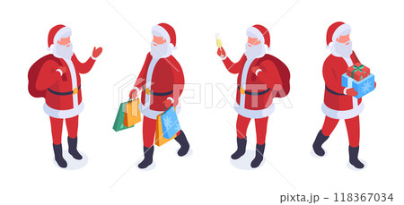 Isometric Santa Claus characters. Christmas santa mascots with gift boxes and bags 3d vector illustration set. Christmas holidays Santa Claus on white 118367034