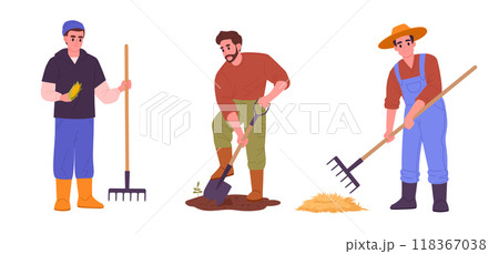 Male farmers. Agriculture workers with garden tools and harvesting crop, men doing gardening and husbandry flat vector illustration set. Farm workers on white 118367038