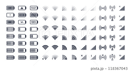 Smartphone wifi and battery icons. Mobile phone indicators, battery charge levels, 5G and wifi signal strength icons flat vector illustration set. Network wireless symbols 118367043