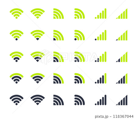 Smartphone wifi signal icons. Wifi indicators, mobile phone 5G and LTE wifi signal strength levels flat vector illustration set. Network wifi signal signs Smartphone wifi signal icons. Wifi indicators, mobile phone 5G and LTE wifi signal strength levels flat vector illustration set. Network wifi signal signs 118367044