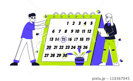 Time management concept. Office workers with schedule planner, agenda calendar and tasks planning flat vector illustration. Business schedule organising Time management concept. Office workers with schedule planner, agenda calendar and tasks planning flat vector illustration. Business schedule organising 118367045