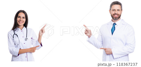 medicine and healthcare. doctor point finger on advertisement. health care advertisement.  118367237