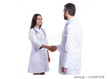 medicine and healthcare. medical deal between two colleague isolated on white. promotion deal  118367238