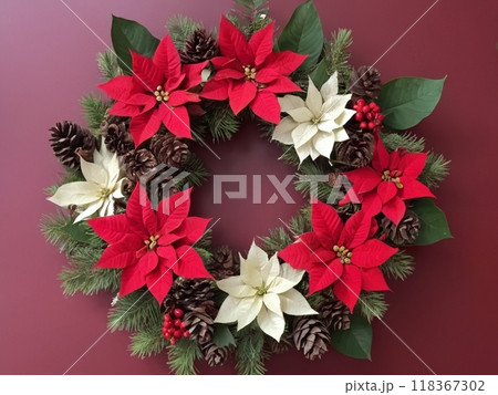 赤と白のポインセチアのクリスマスリース 118367302
