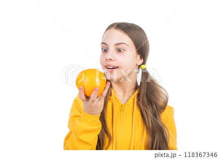 cheerful teen girl with citrus orange fruit full of vitamins isolated on white, skincare 118367346