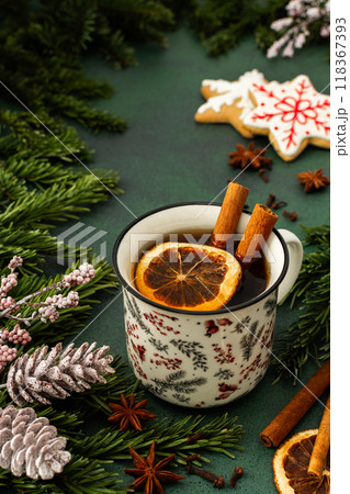 Tea in a mug on winter background 118367393