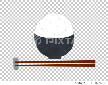 お茶碗に盛られた大盛ご飯と箸置きとお箸のイラスト 118367607