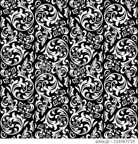 Wallpaper in the style of Baroque. Seamless vector background. White and black floral ornament. Graphic pattern for fabric, wallpaper, packaging. Ornate Damask flower ornament. Wallpaper in the style of Baroque. Seamless vector background. White and black floral ornament. Graphic pattern for fabric, wallpaper, packaging. Ornate Damask flower ornament. 118367719
