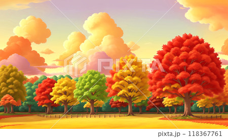 紅葉の森と公園、夕暮れ 118367761