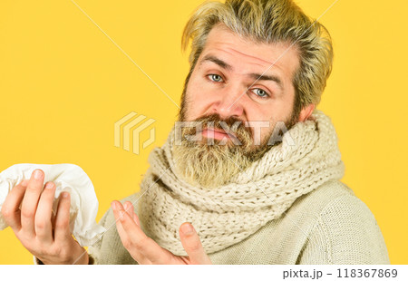 First symptom. Headache virus symptom. Health care and medicines. Suffer pain. Fever and thermal regulation of immunity. More than just symptom of illness. Immune response. Bearded man sick. Cold flu 118367869