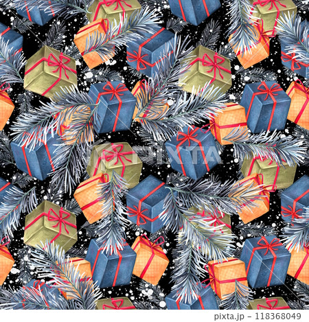 Christmas seamless pattern with gift boxes and fir branches. Winter holiday background. Christmas seamless pattern with gift boxes and fir branches. Winter holiday background. 118368049