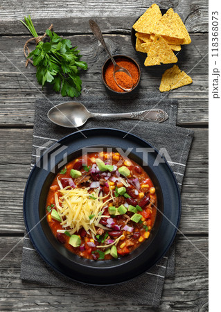 taco soup with kidney bean, corn, ground beef taco soup with kidney bean, corn, ground beef 118368073