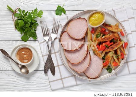German potato noodles with sous vide pork loin cut 118368081
