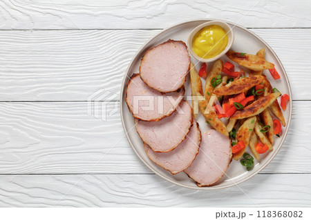 German potato noodles with sous vide pork loin cut German potato noodles with sous vide pork loin cut 118368082