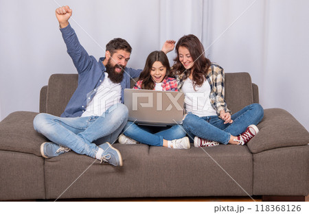 happy mother father and daughter use computer, family happy mother father and daughter use computer, family 118368126
