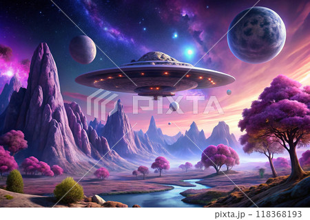 fantasy alien spaceship flying above the sea 118368193