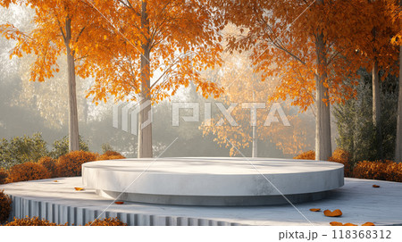 爽やかな木漏れ日差し込むステージと紅葉の背景素材 118368312