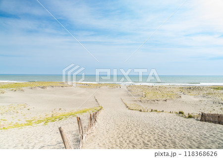浜松市にある中田島砂丘の砂浜と青い海と空の風景(静岡県) 118368626