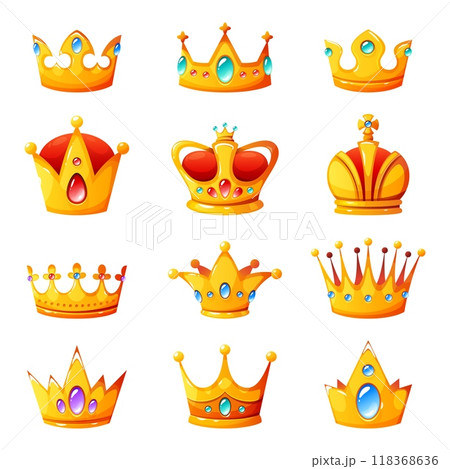 Cartoon crowns. Golden royal authority symbols with jewels, king, queen and princess tiaras, imperial coronas, medieval diadem, prince coronation, heraldic elements, vector isolated set 118368636