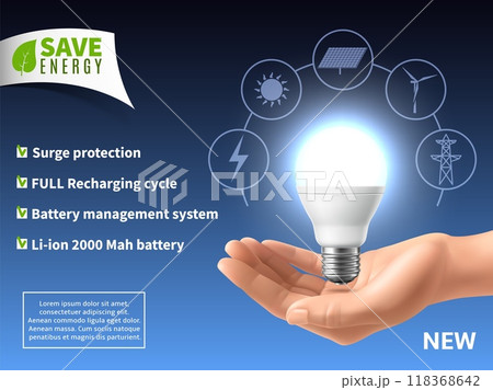 Energy saving light bulbs poster. Consumption reduction. Realistic hand hold led lamp. ecology lifestyle. Electricity and power save poster. Sustainable electricity. Vector concept 118368642